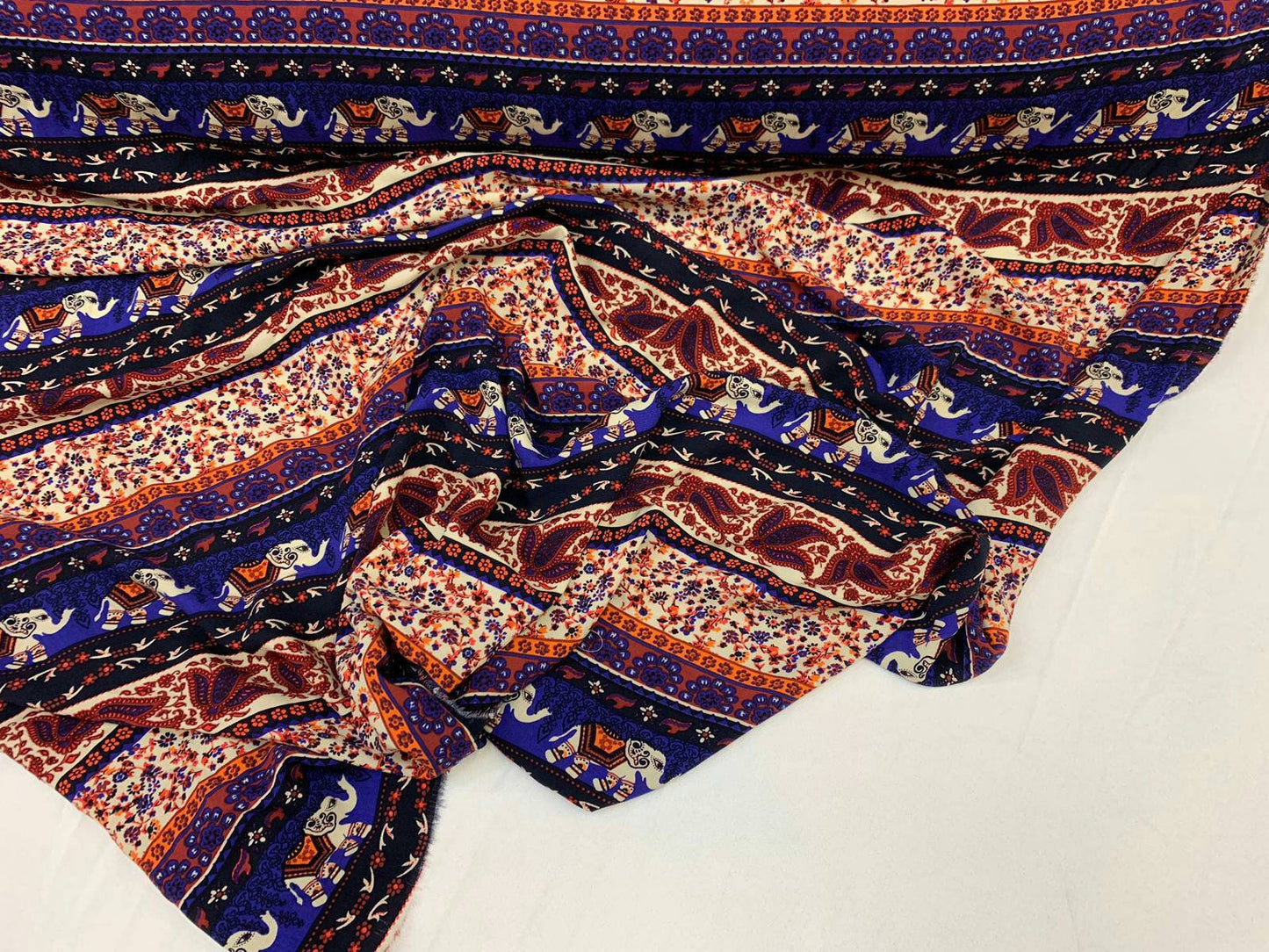 Rayon challis with elephant Indian inspiration royal blue orange multicolor 58-60" W organic fabric sold by the yard soft flowy fabric