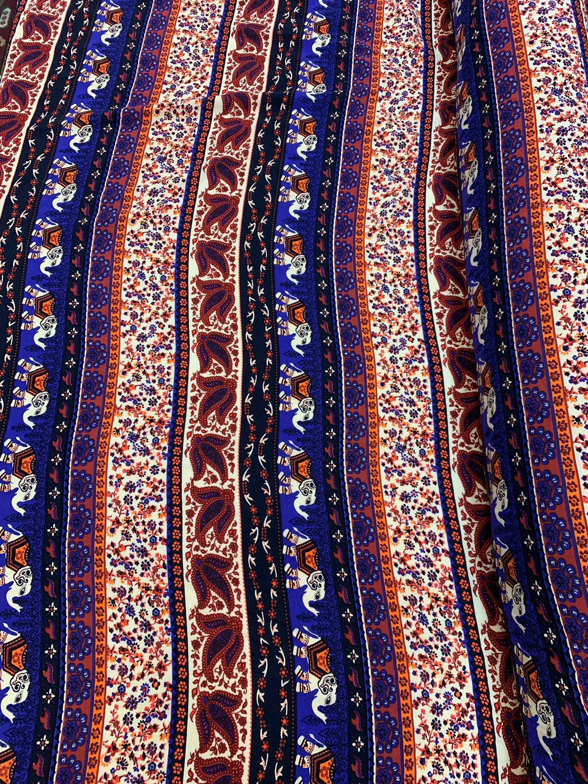 Rayon challis with elephant Indian inspiration royal blue orange multicolor 58-60" W organic fabric sold by the yard soft flowy fabric