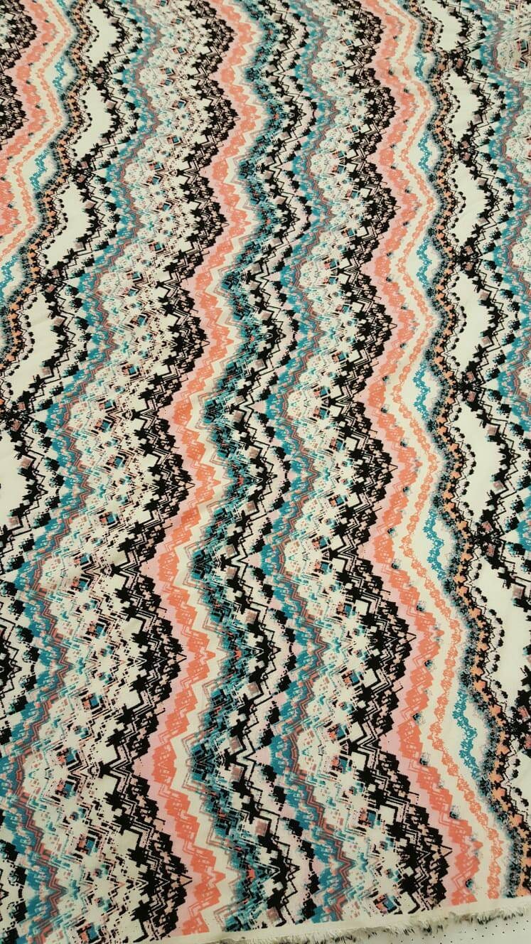 100% Rayon challis Geometric textured blue hues n off whites black fabric sold by the yard soft organic kids dress draping clothing
