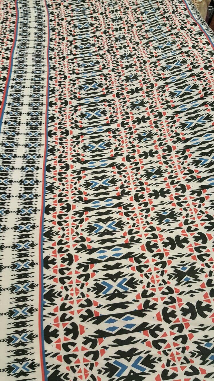 100% Rayon challis Geometric textured blue hues n off whites black fabric sold by the yard soft organic kids dress draping clothing