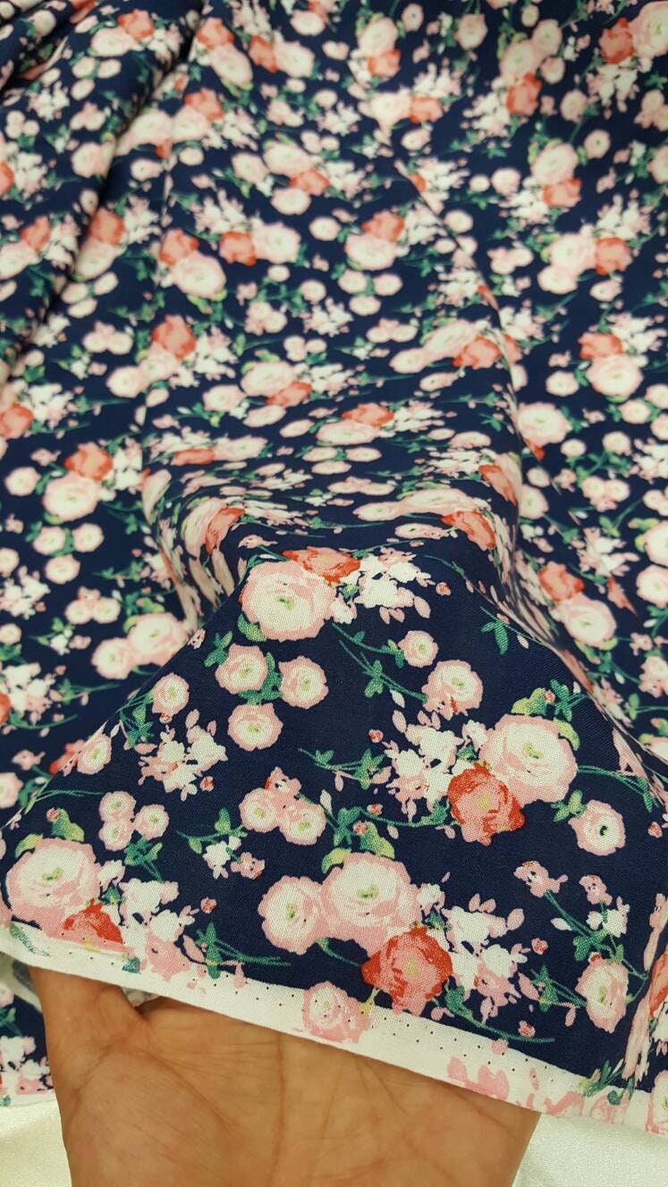 Rayon challis pink small flower print on navy blue background Fabric by the yard 58 inches wide fabric soft organic fabric kids dress