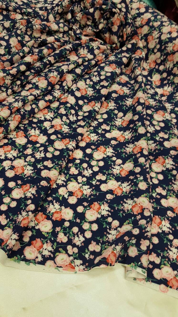 Rayon challis pink small flower print on navy blue background Fabric by the yard 58 inches wide fabric soft organic fabric kids dress