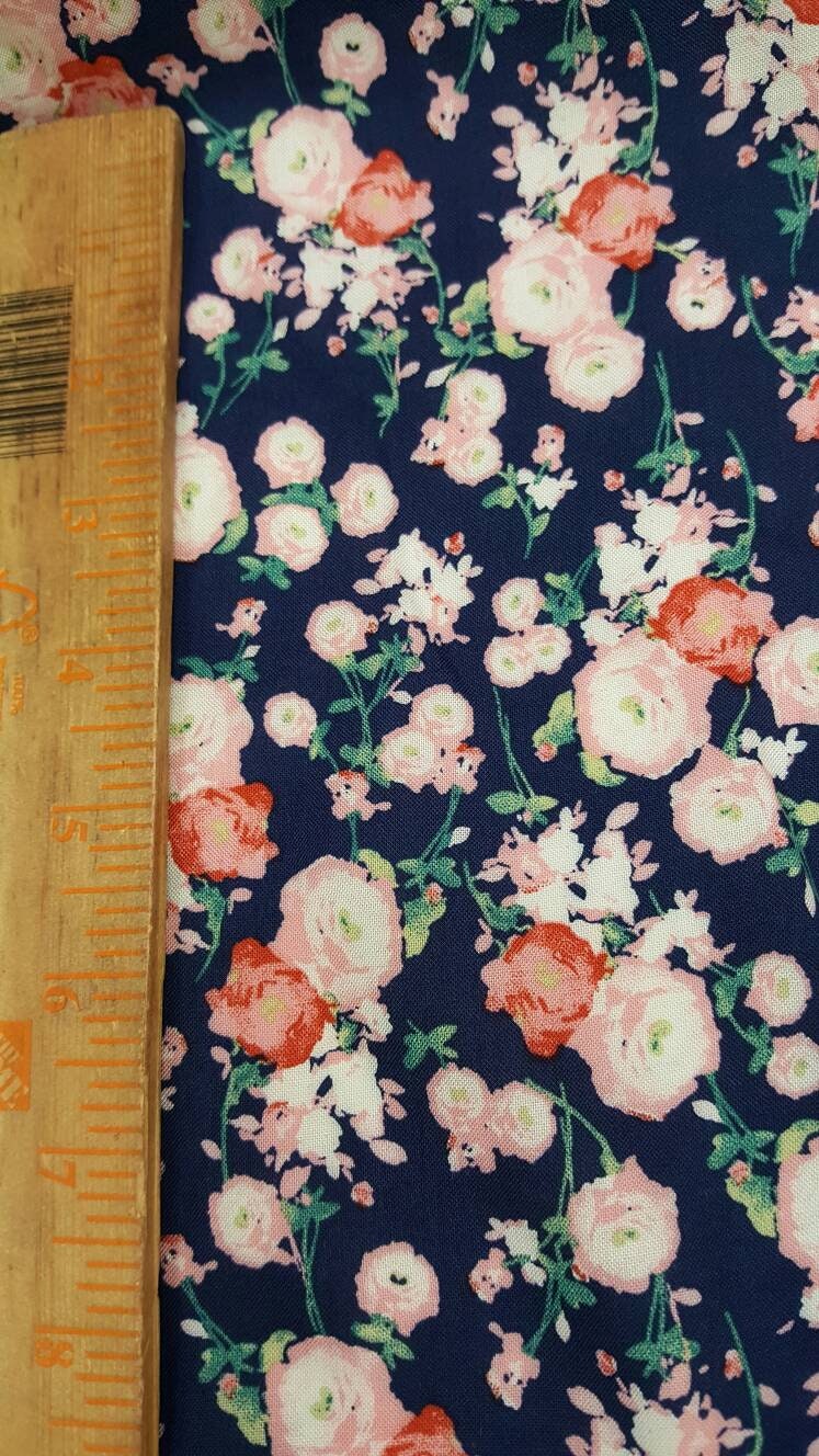 Rayon challis pink small flower print on navy blue background Fabric by the yard 58 inches wide fabric soft organic fabric kids dress