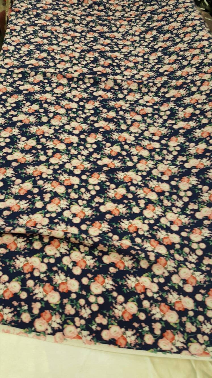 Rayon challis pink small flower print on navy blue background Fabric by the yard 58 inches wide fabric soft organic fabric kids dress