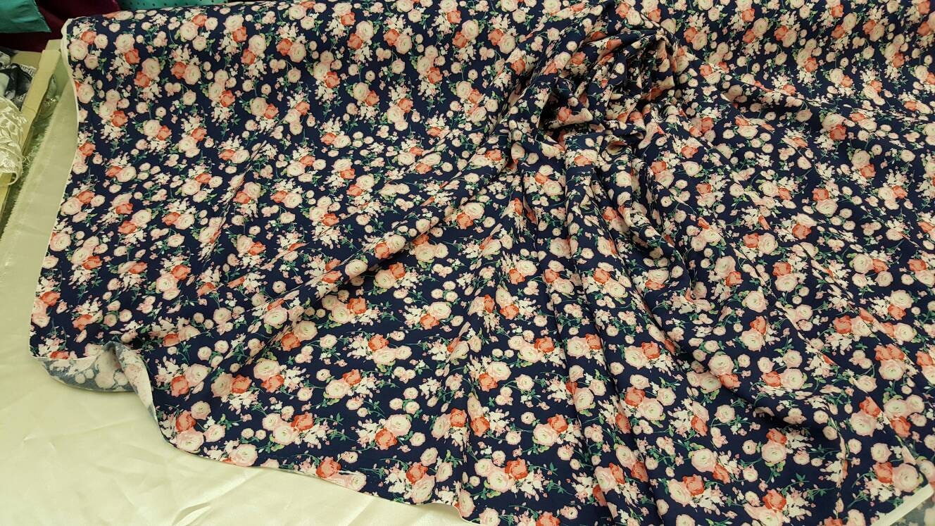 Rayon challis pink small flower print on navy blue background Fabric by the yard 58 inches wide fabric soft organic fabric kids dress