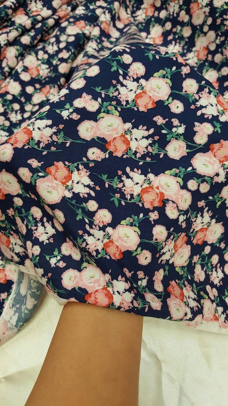 Rayon challis pink small flower print on navy blue background Fabric by the yard 58 inches wide fabric soft organic fabric kids dress
