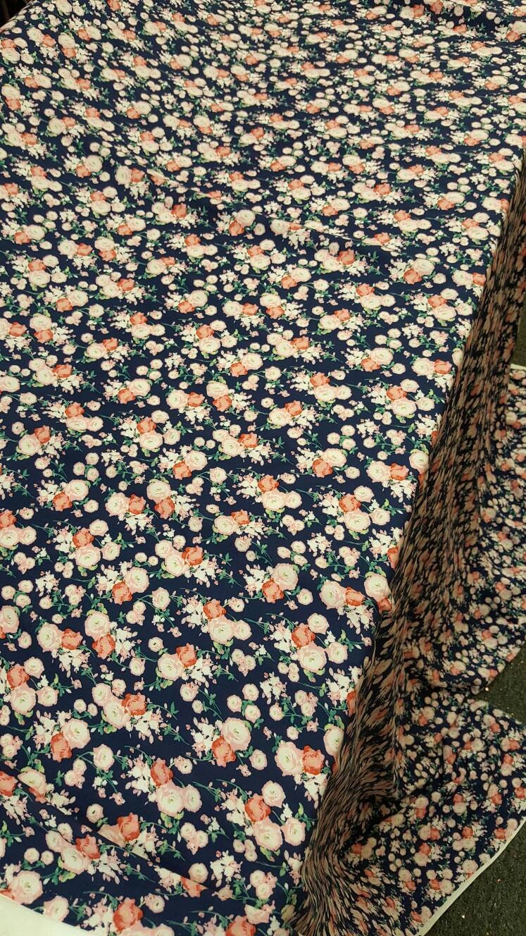 Rayon challis pink small flower print on navy blue background Fabric by the yard 58 inches wide fabric soft organic fabric kids dress