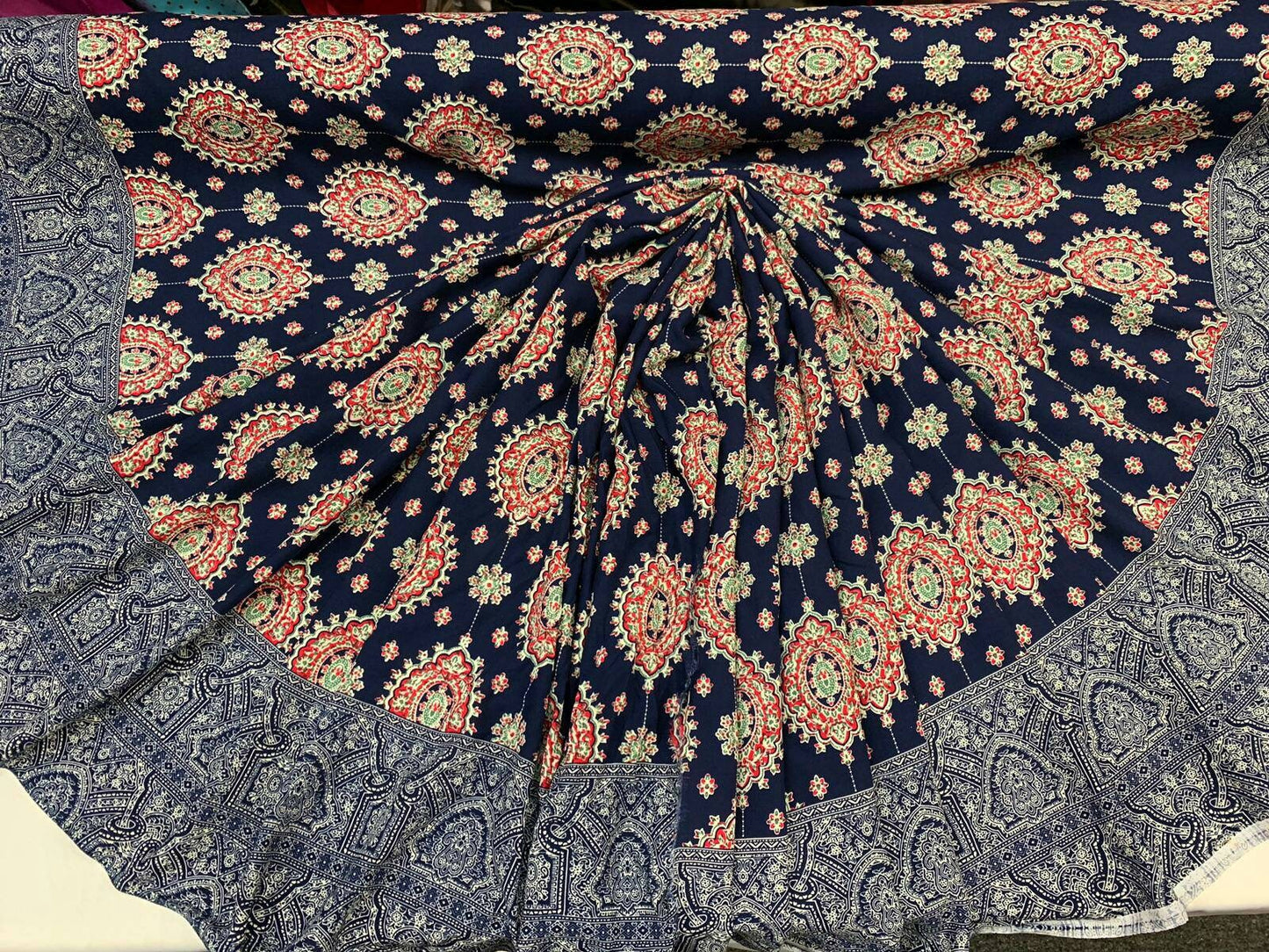 100% Japanese Rayon challis two border Navy blue and fuchsia pink design 58 inches Fabric by the yard for tablecloth, panels, decorations