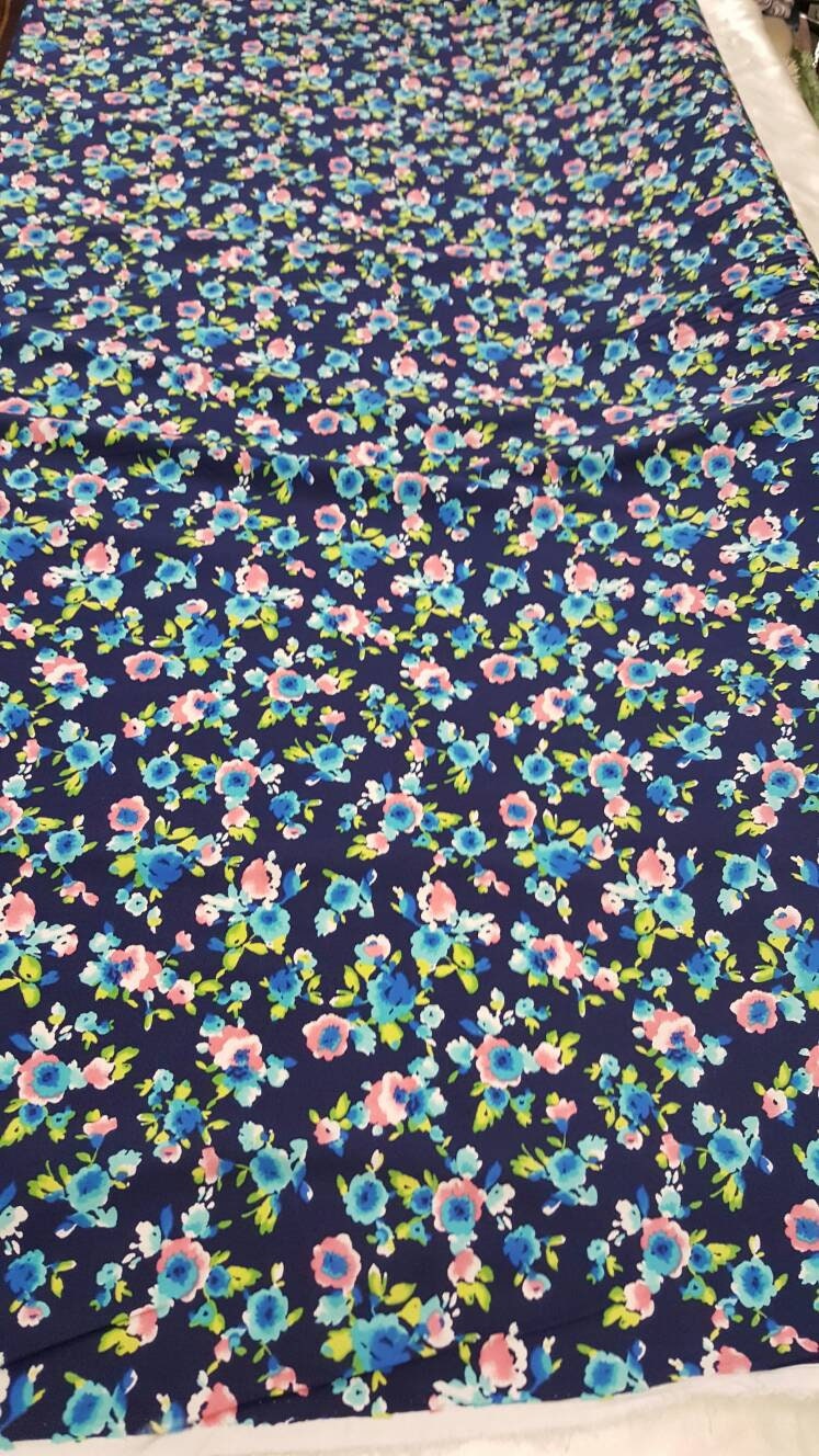 Rayon Challis Navy Blue Background Pink Small Flowers / Floral Print Fabric Sold by the Yard Organic Soft Flowy Kids Dress Draping Clothing