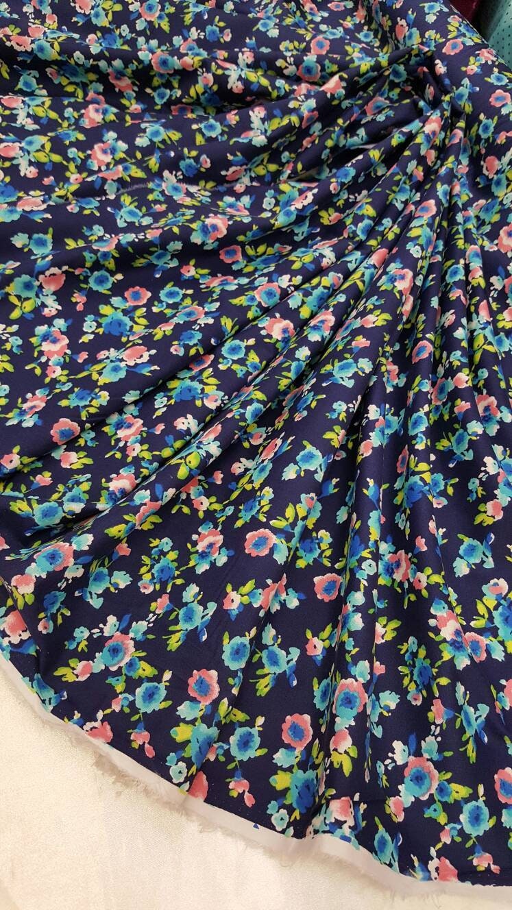 Rayon Challis Navy Blue Background Pink Small Flowers / Floral Print Fabric Sold by the Yard Organic Soft Flowy Kids Dress Draping Clothing