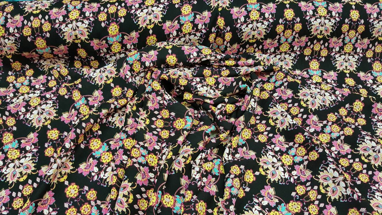 100% Rayon. Chinese Inspired Print with Flower Bouquets. 58-60" Wide. Fabric by the Yard