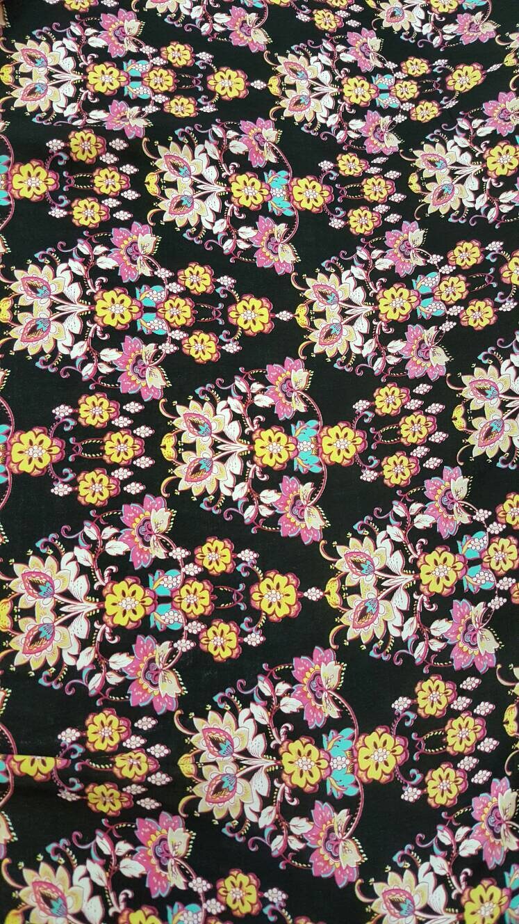 100% Rayon. Chinese Inspired Print with Flower Bouquets. 58-60" Wide. Fabric by the Yard