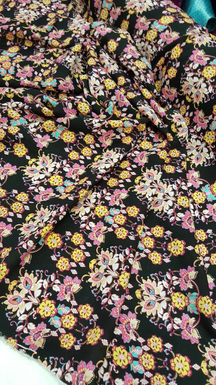 100% Rayon. Chinese Inspired Print with Flower Bouquets. 58-60" Wide. Fabric by the Yard