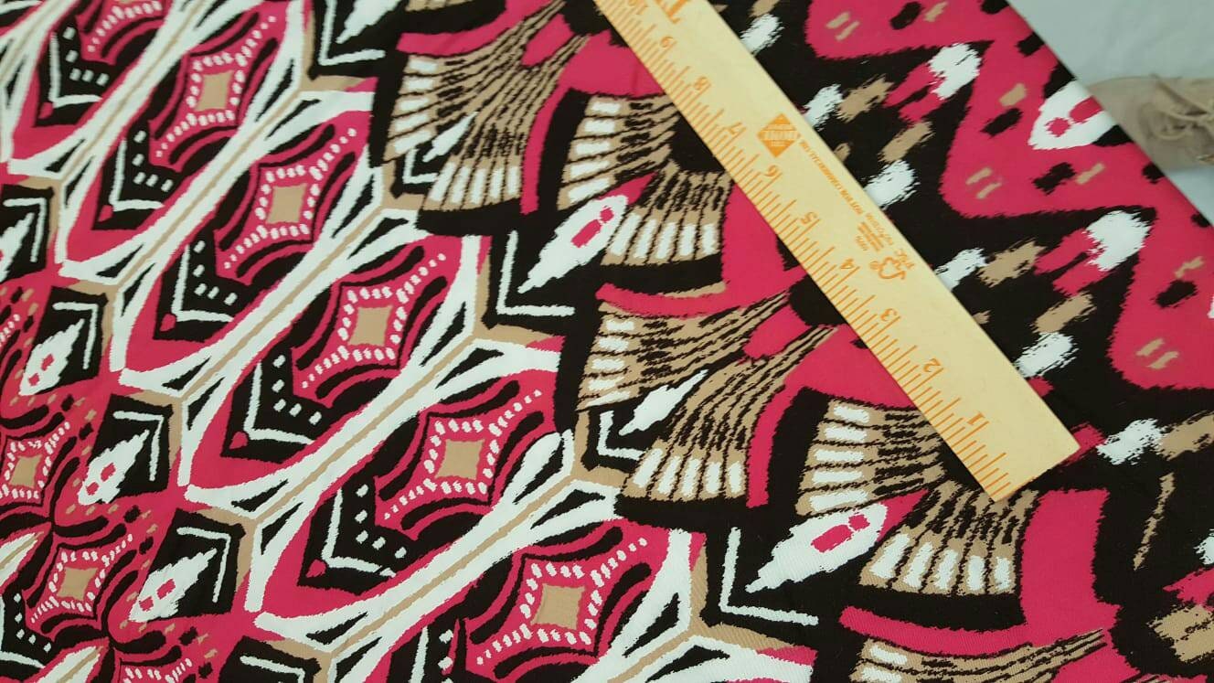 Rayon challis Egyptian print Magenta, Black and Tan pattern Fabric sold by the yard soft organic flowy fabric dress Draping decoration