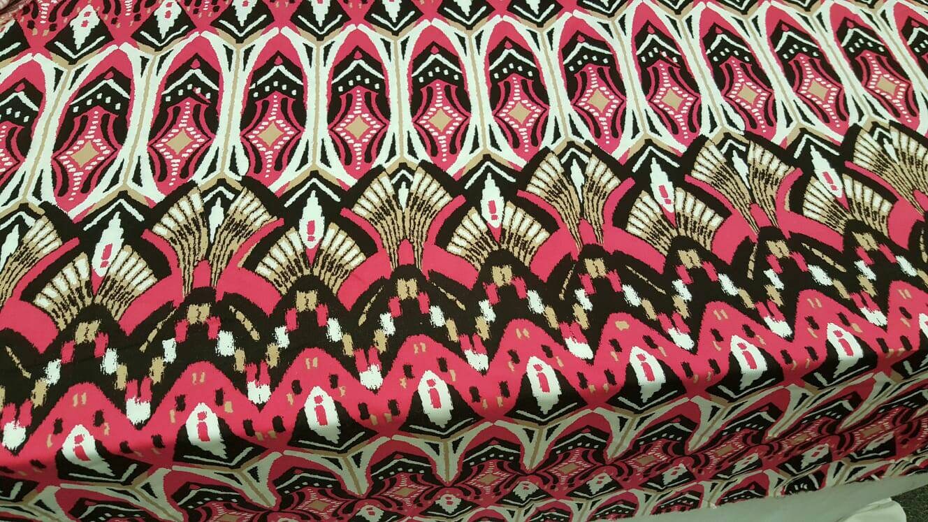 Rayon challis Egyptian print Magenta, Black and Tan pattern Fabric sold by the yard soft organic flowy fabric dress Draping decoration