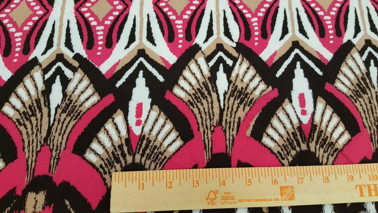 Rayon challis Egyptian print Magenta, Black and Tan pattern Fabric sold by the yard soft organic flowy fabric dress Draping decoration