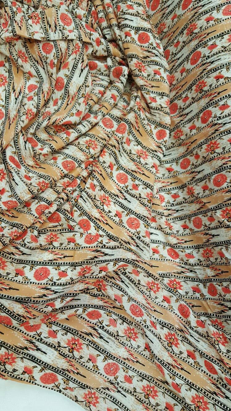 Rayon challis coral peach floral flowers black and off white fabric sold by the yard small flowers draping decoration clothing dress flowy