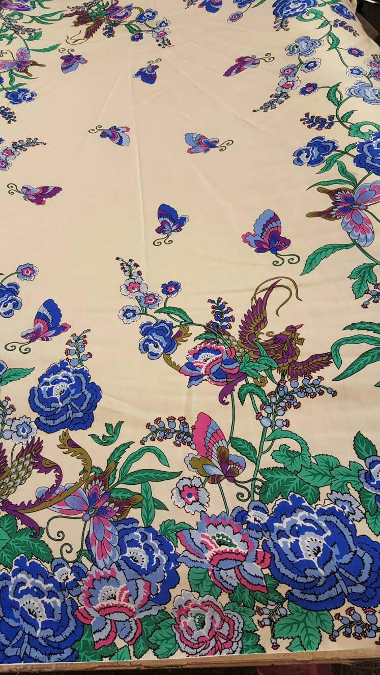 Rayon challis Bright Floral pattern butterflies bird multicolor Off white background fabric by the yard organic kids dress draping clothing