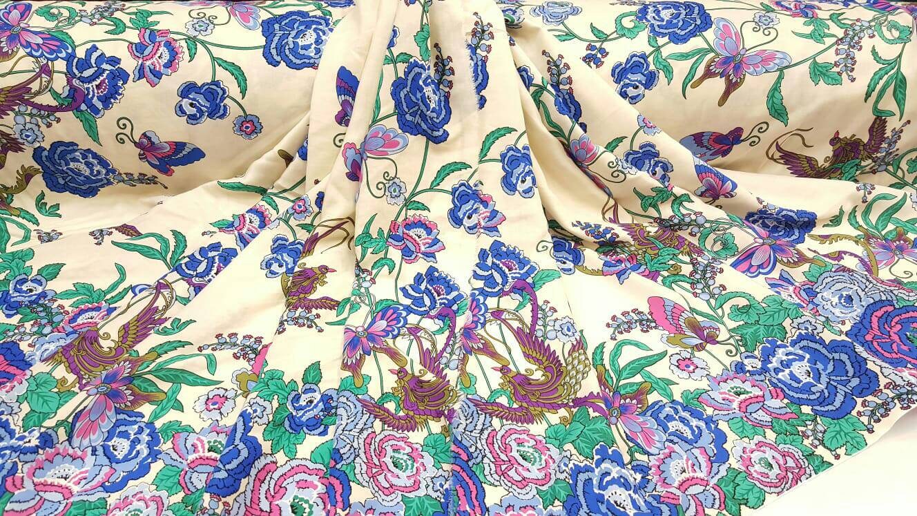 Rayon challis Bright Floral pattern butterflies bird multicolor Off white background fabric by the yard organic kids dress draping clothing