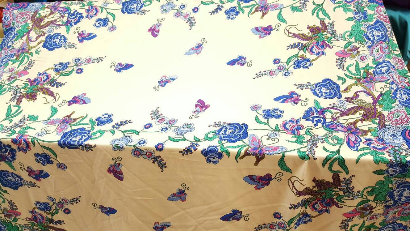Rayon challis Bright Floral pattern butterflies bird multicolor Off white background fabric by the yard organic kids dress draping clothing
