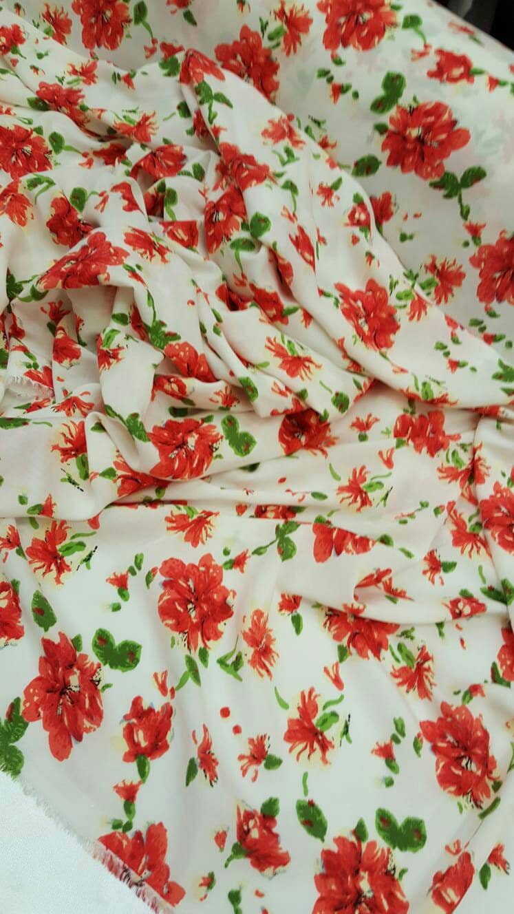 100% rayon challis red and green floral flowers inspired white background Fabric by the yard soft organic kids dress draping clothing flow