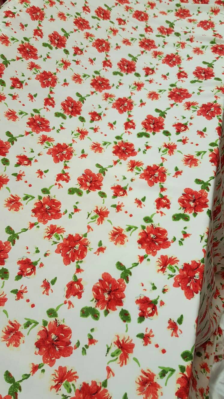 100% rayon challis red and green floral flowers inspired white background Fabric by the yard soft organic kids dress draping clothing flow