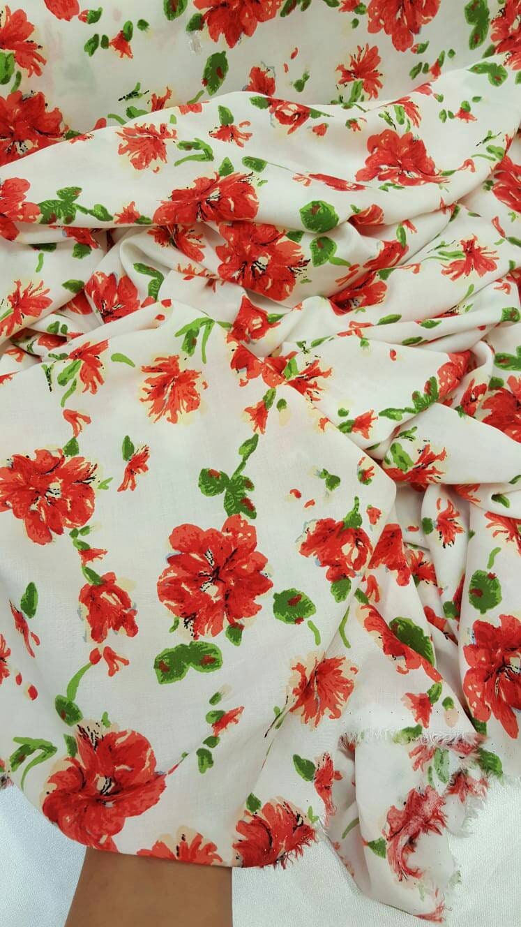 100% rayon challis red and green floral flowers inspired white background Fabric by the yard soft organic kids dress draping clothing flow