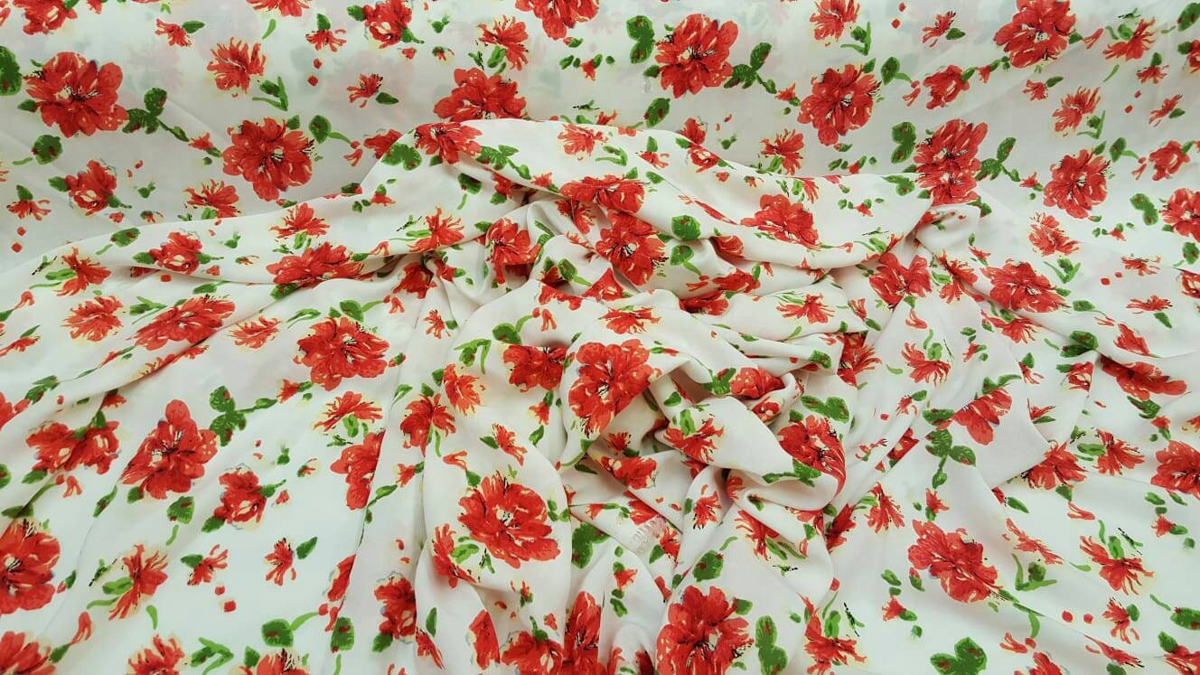 100% rayon challis red and green floral flowers inspired white background Fabric by the yard soft organic kids dress draping clothing flow
