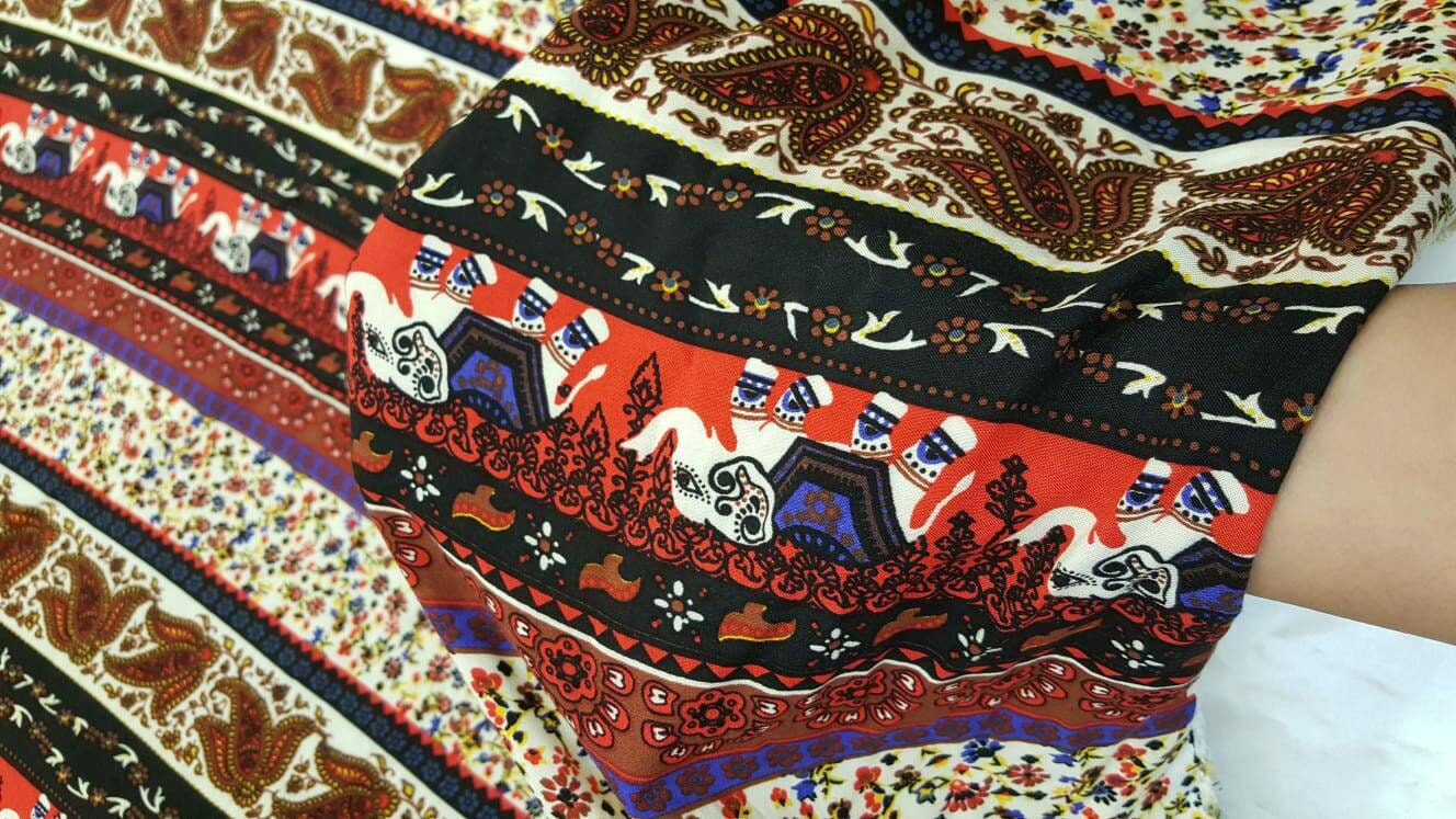 100% rayon challis small flower print elephant Indian inspiration Fabric by the yard 58 inches wide soft flowy multicolor
