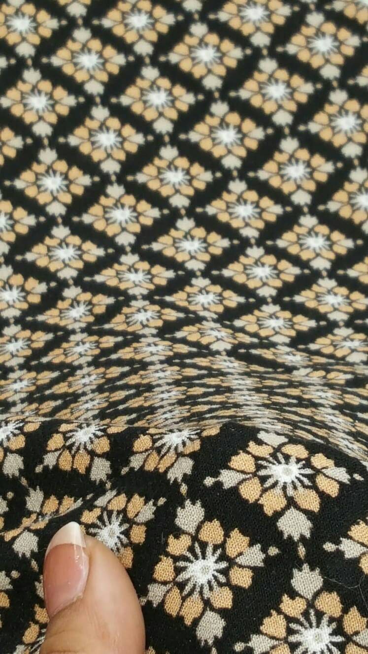 Rayon challis Tiny floral flowers gray champagne Beige on black background Fabric by the yard soft flowy organic kids dress draping clothing