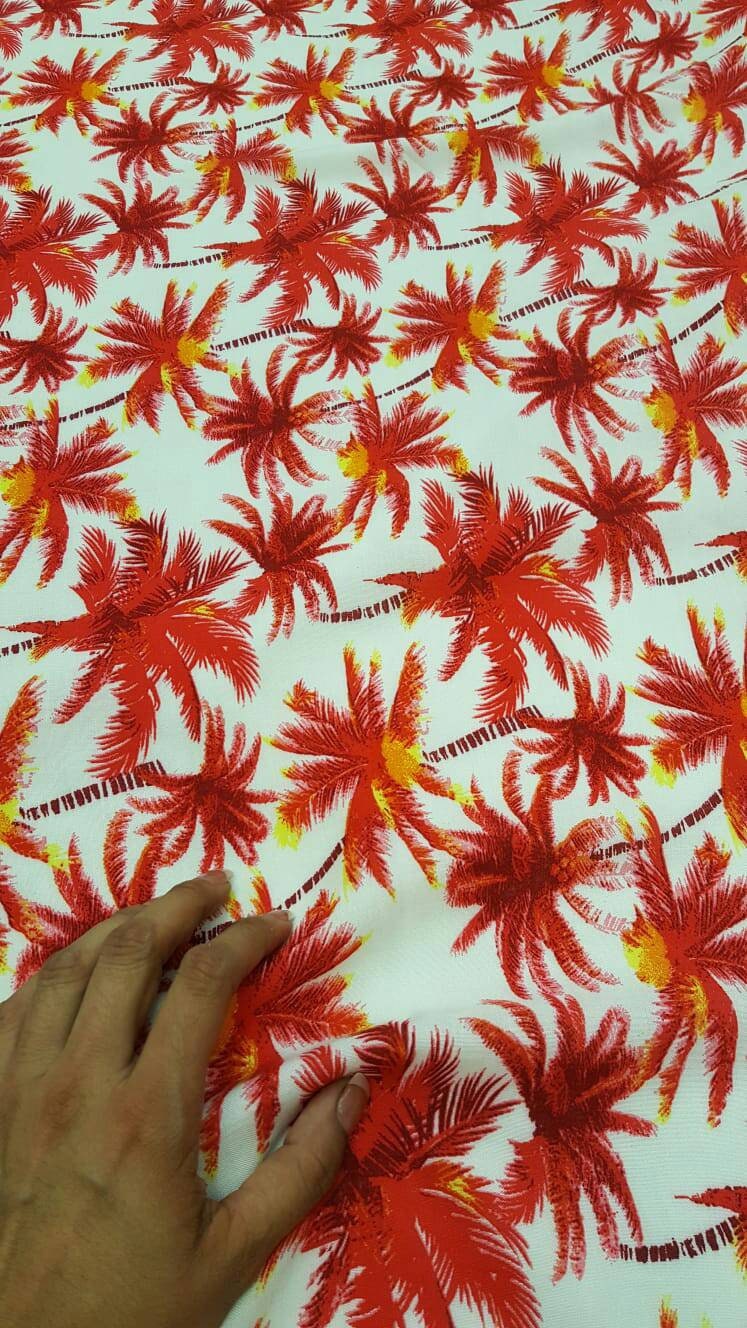 100% Rayon Challis off White Background Red Palm Trees 58 Inches Wide Sold by the Yard Soft Organic Kids Dress Draping Decoration Clothing