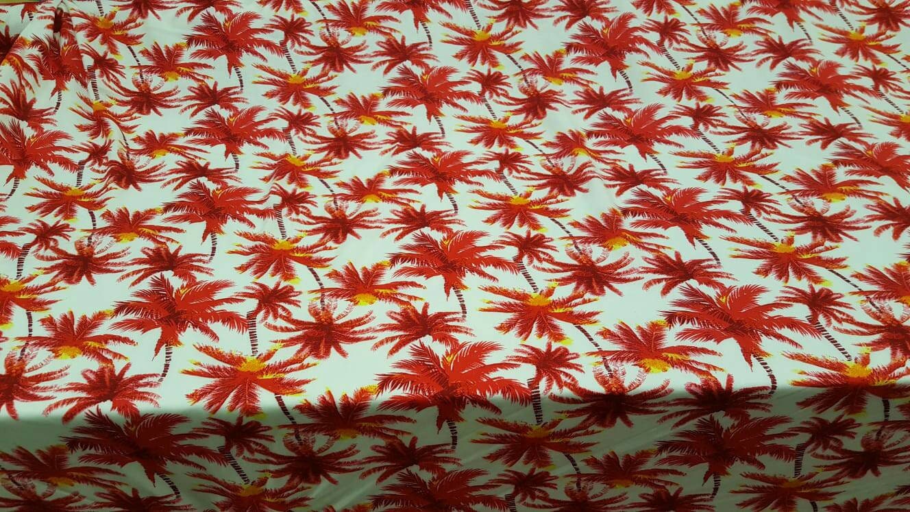 100% Rayon Challis off White Background Red Palm Trees 58 Inches Wide Sold by the Yard Soft Organic Kids Dress Draping Decoration Clothing