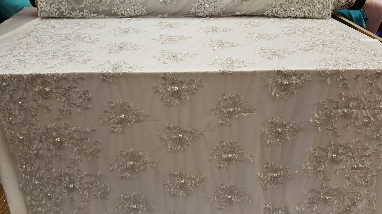 Silver Embroidery Lace floral flowers double scalloped Prom fabric sold by the yard Bridal Evening Dress Pearls on mesh