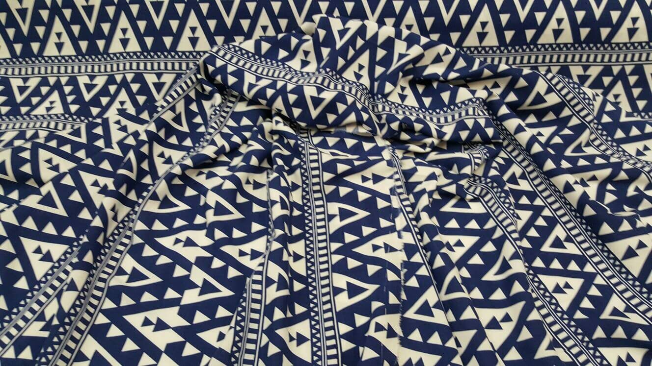 100% Rayon challis geometric white and blue organic Fabric by the yard soft flowy