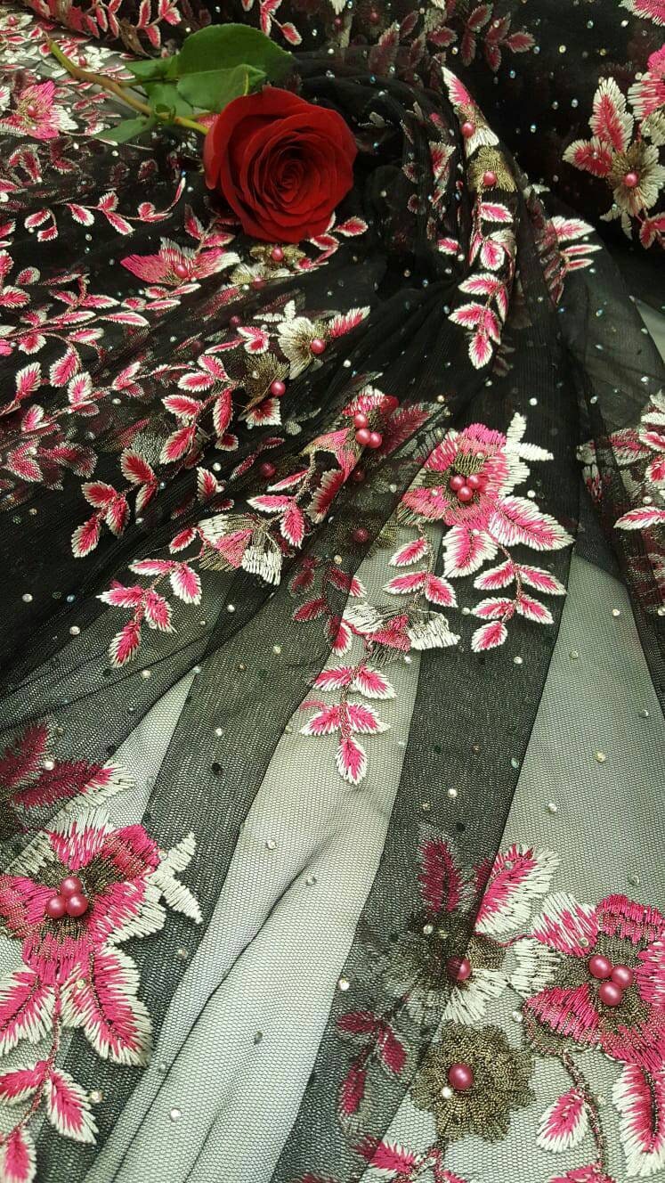 Pink Floral Flowers Lace Pearls And Rhinestones On Black Mesh Fabric Sold By The Yard