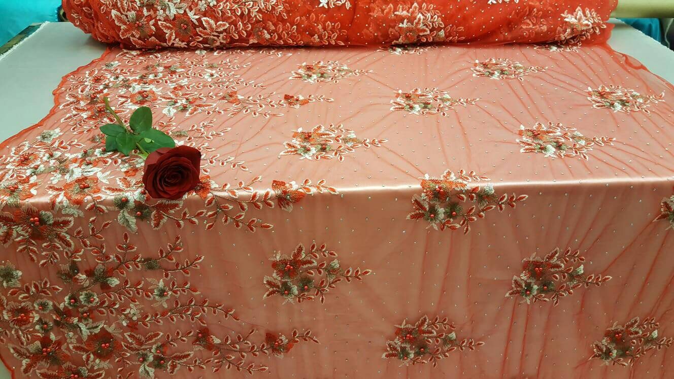 Red lace Floral Flowers Pearls and Rinesthone on Mesh Fabric Sold by the Yard Gown Quinceañera Bridal Prom Fashion lace