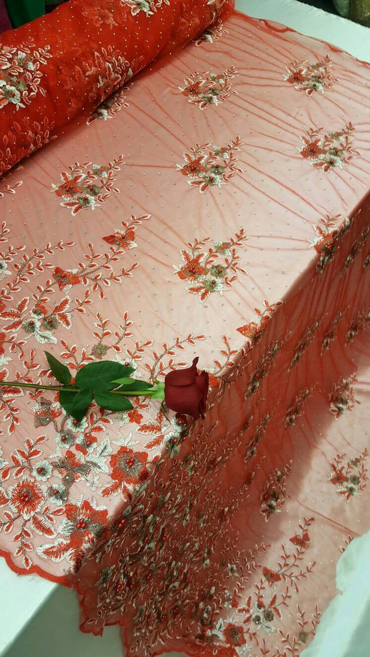 Red lace Floral Flowers Pearls and Rinesthone on Mesh Fabric Sold by the Yard Gown Quinceañera Bridal Prom Fashion lace