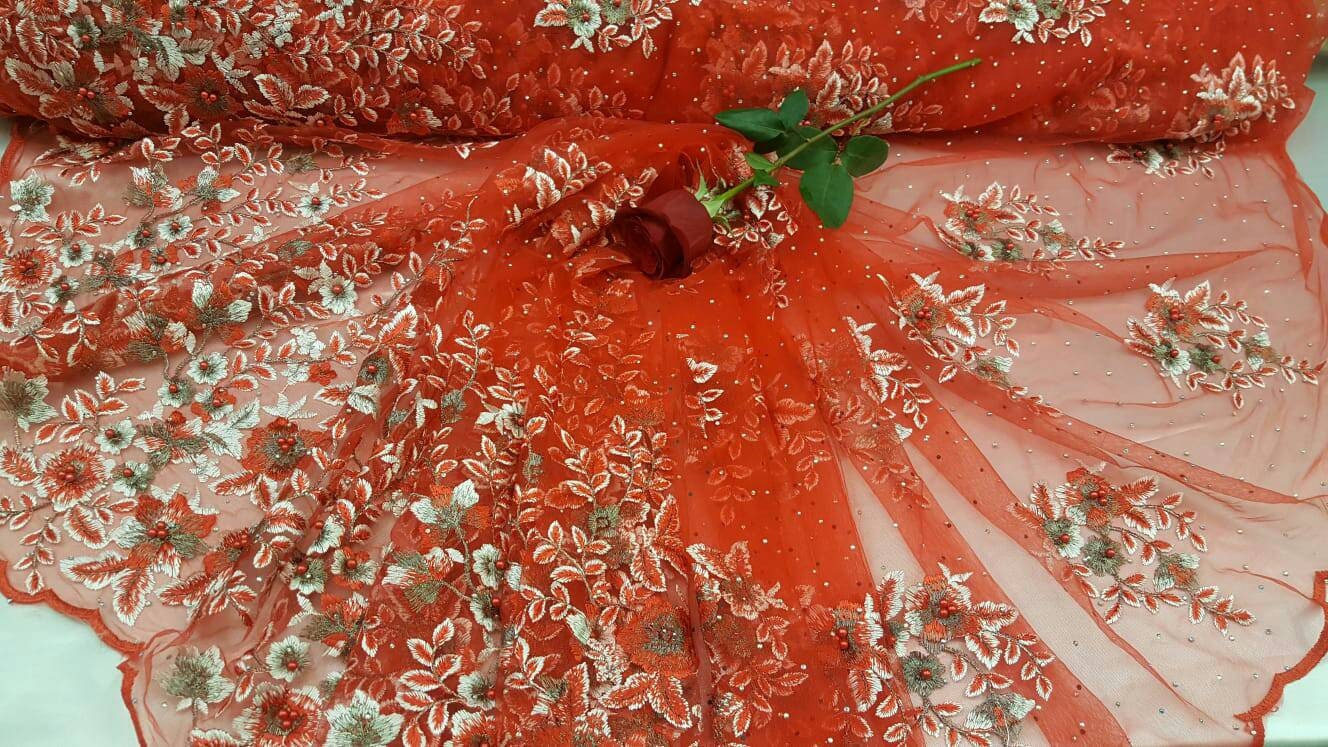 Red lace Floral Flowers Pearls and Rinesthone on Mesh Fabric Sold by the Yard Gown Quinceañera Bridal Prom Fashion lace