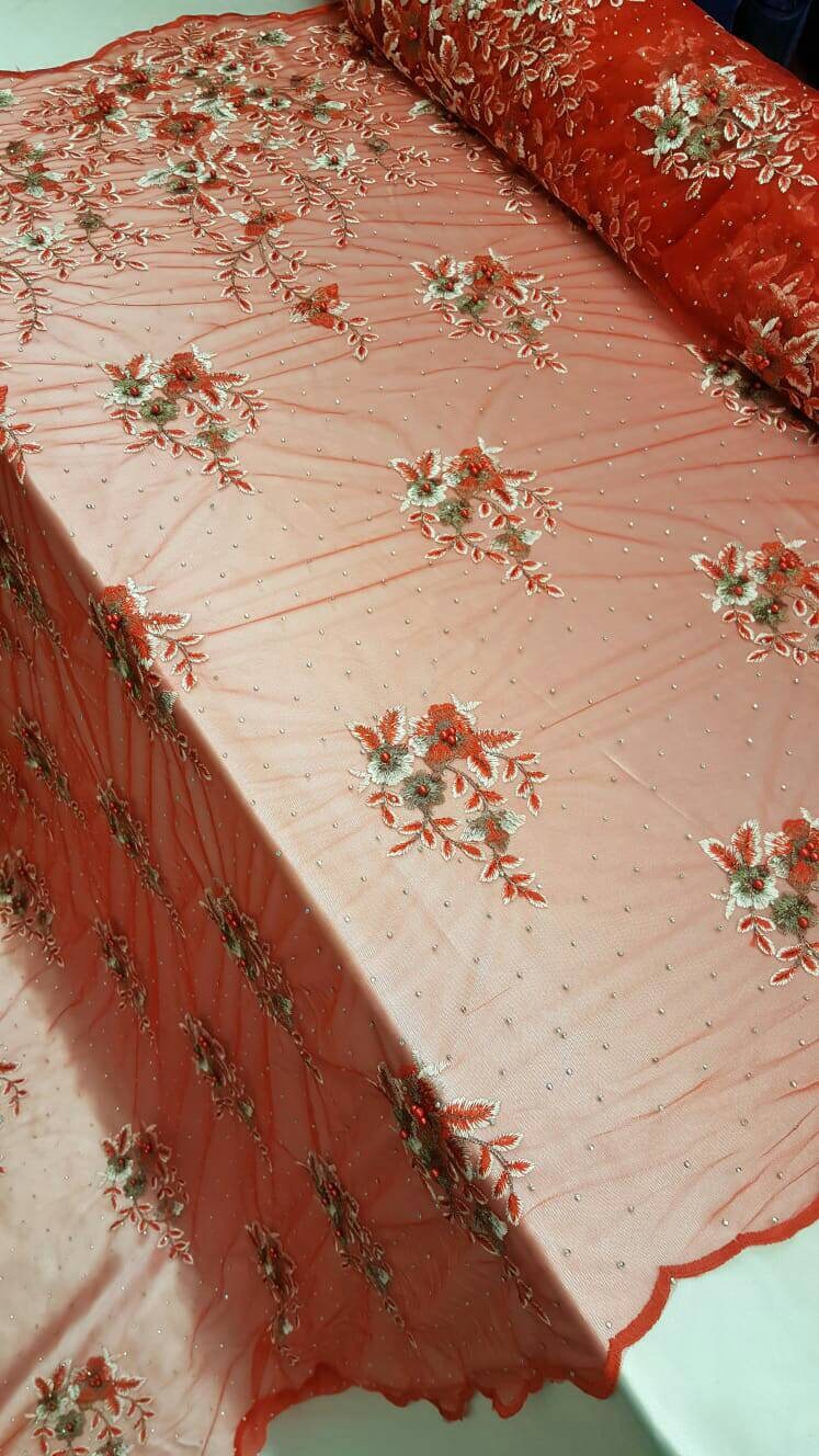 Red lace Floral Flowers Pearls and Rinesthone on Mesh Fabric Sold by the Yard Gown Quinceañera Bridal Prom Fashion lace