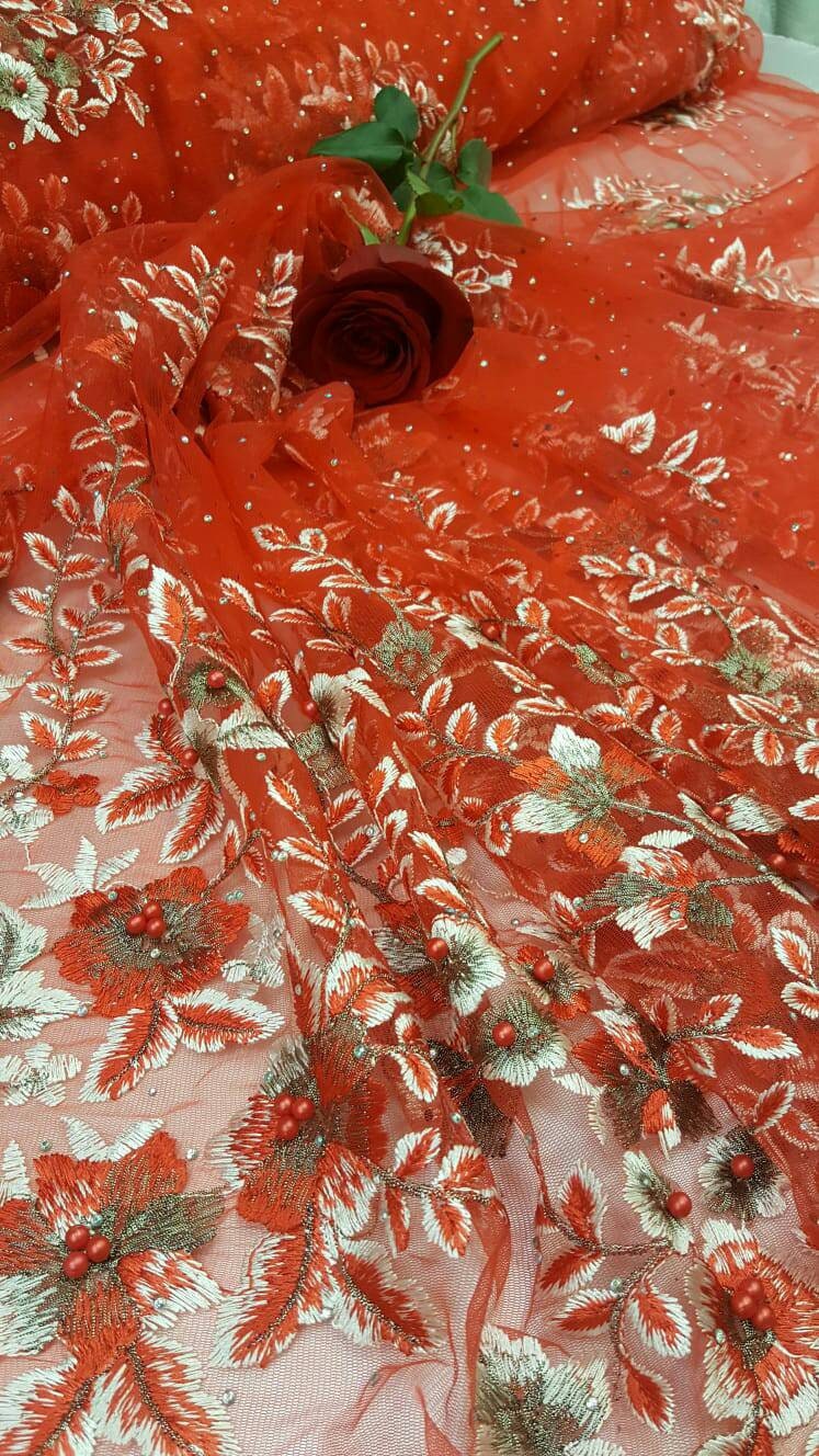Red lace Floral Flowers Pearls and Rinesthone on Mesh Fabric Sold by the Yard Gown Quinceañera Bridal Prom Fashion lace
