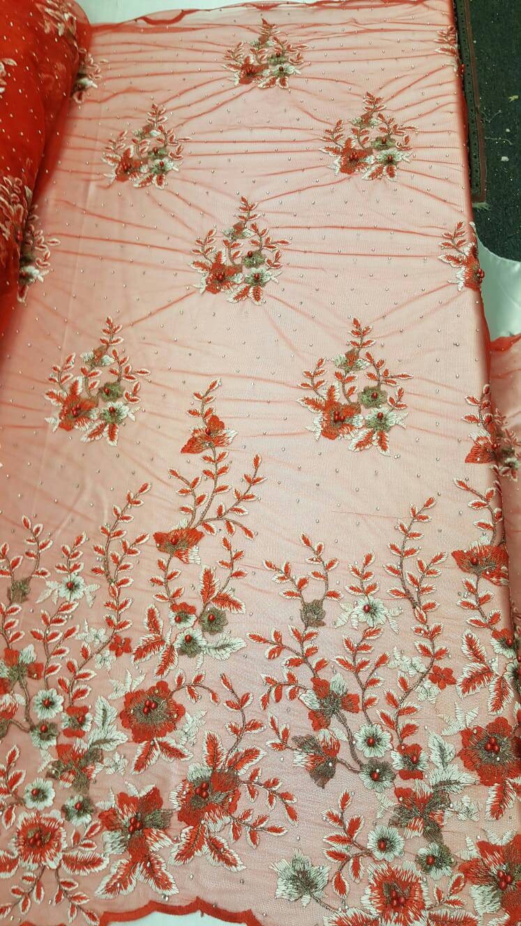 Red lace Floral Flowers Pearls and Rinesthone on Mesh Fabric Sold by the Yard Gown Quinceañera Bridal Prom Fashion lace