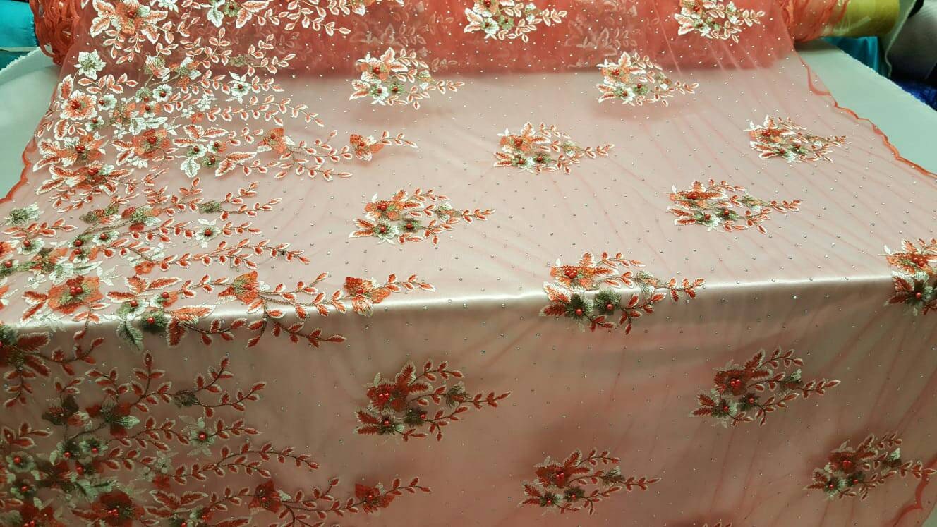 Coral Lace Embroidered Flowers Floral Pearls Rhinestone On Mesh Prom Fabric Sold By The Yard Gown Quinceañera Bridal Fashion