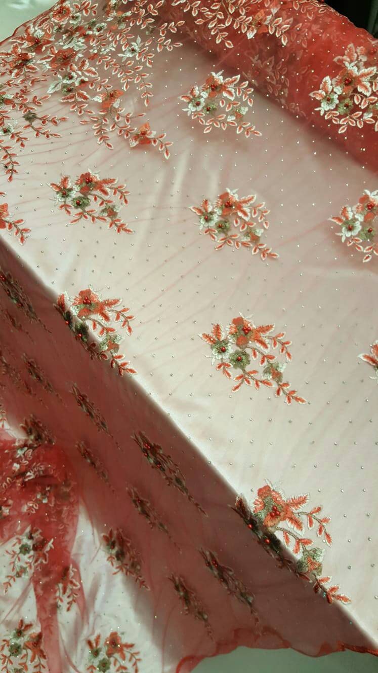 Coral Lace Embroidered Flowers Floral Pearls Rhinestone On Mesh Prom Fabric Sold By The Yard Gown Quinceañera Bridal Fashion