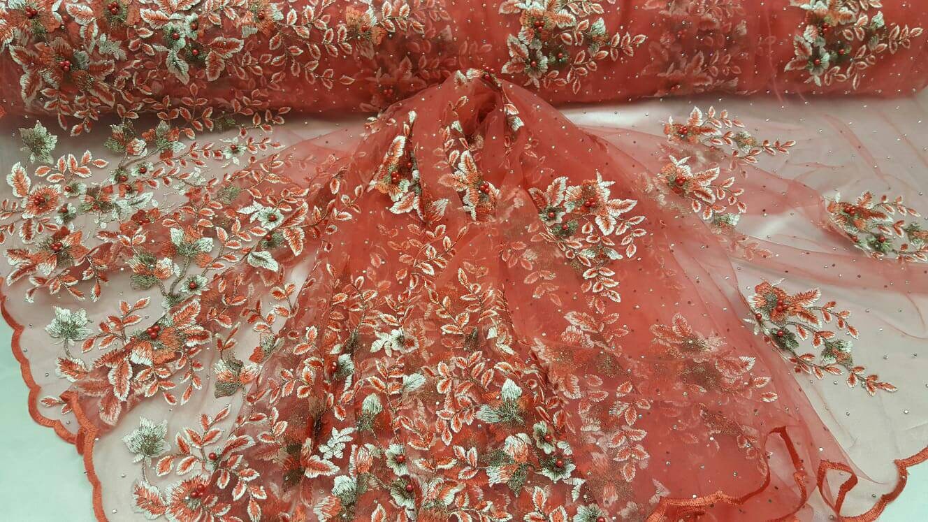 Coral Lace Embroidered Flowers Floral Pearls Rhinestone On Mesh Prom Fabric Sold By The Yard Gown Quinceañera Bridal Fashion
