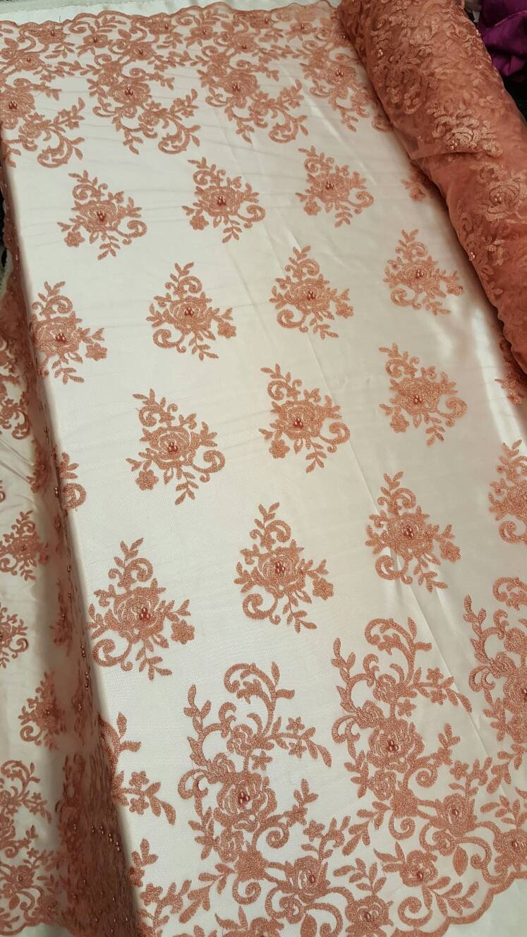 Peach Embroidery Lace Floral Flowers Pearls On Mesh Prom Fabric Sold By The Yard Gown Quinceañera Bridal Decoration Draping