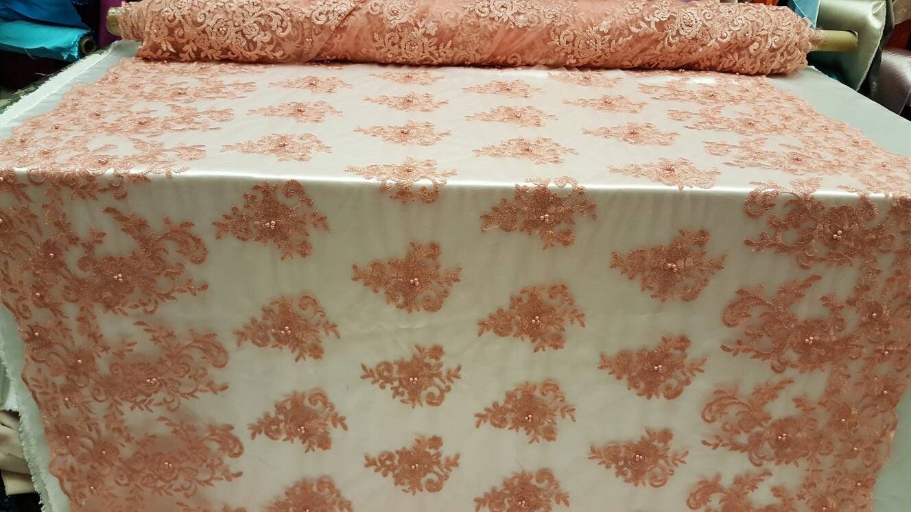 Peach Embroidery Lace Floral Flowers Pearls On Mesh Prom Fabric Sold By The Yard Gown Quinceañera Bridal Decoration Draping