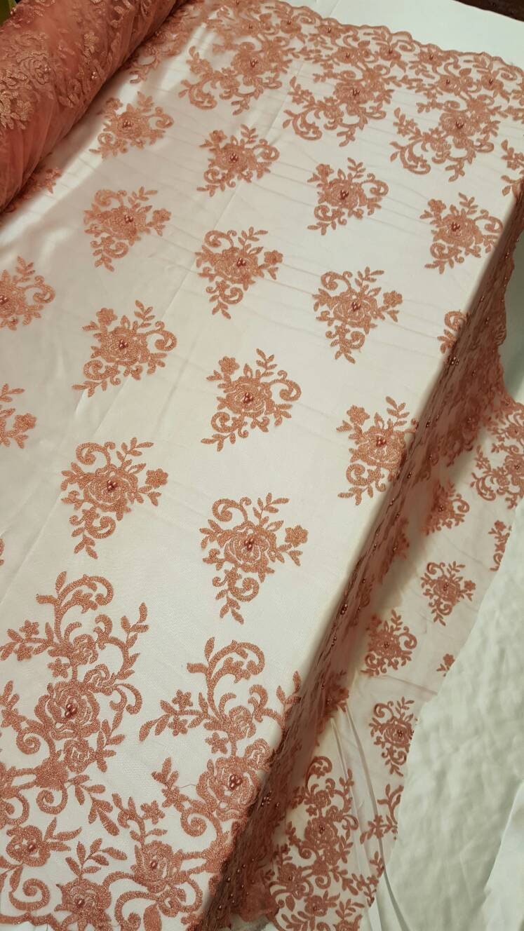 Peach Embroidery Lace Floral Flowers Pearls On Mesh Prom Fabric Sold By The Yard Gown Quinceañera Bridal Decoration Draping