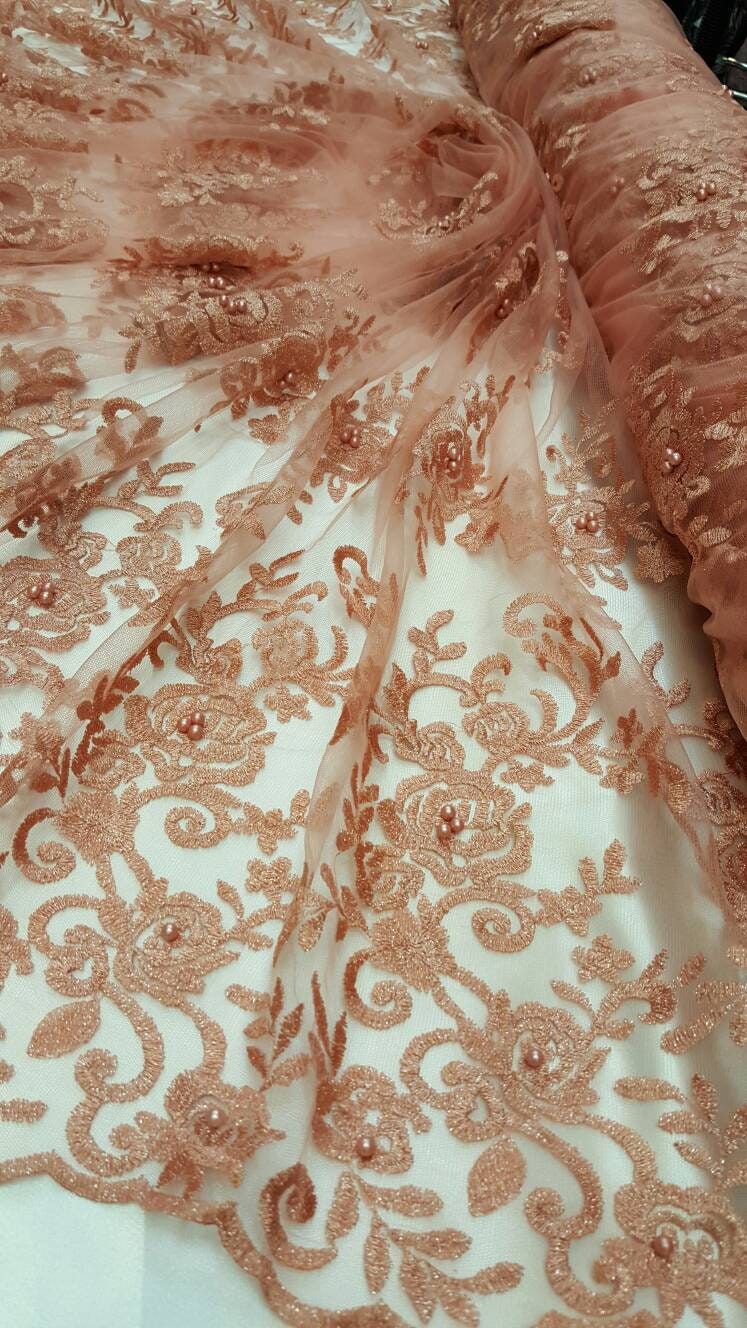 Peach Embroidery Lace Floral Flowers Pearls On Mesh Prom Fabric Sold By The Yard Gown Quinceañera Bridal Decoration Draping