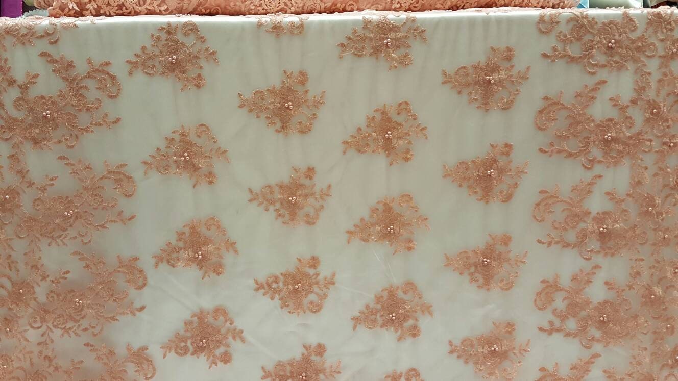 Peach Embroidery Lace Floral Flowers Pearls On Mesh Prom Fabric Sold By The Yard Gown Quinceañera Bridal Decoration Draping