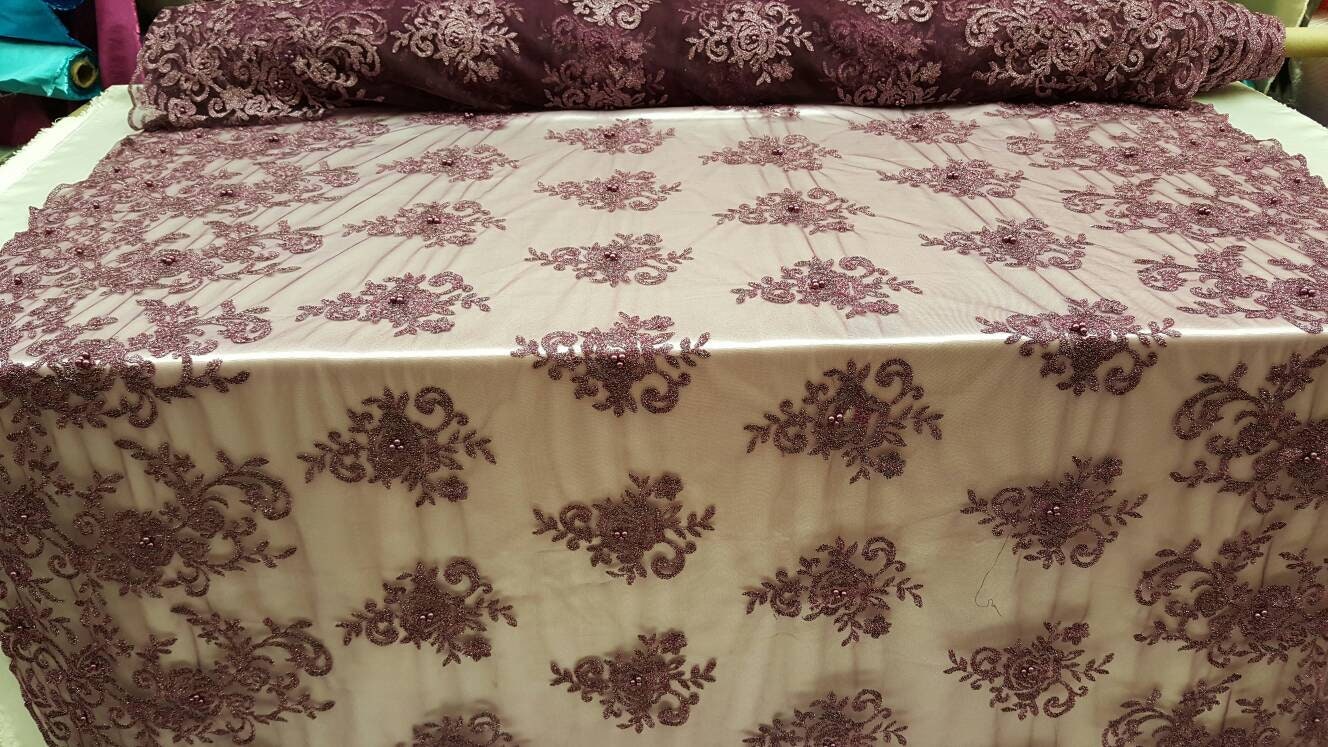 Eggplant Lace floral flowers embroidered on mesh pearls shining Mylar double scalloped Prom fabric sold by the yard gown Quinceañera bridal